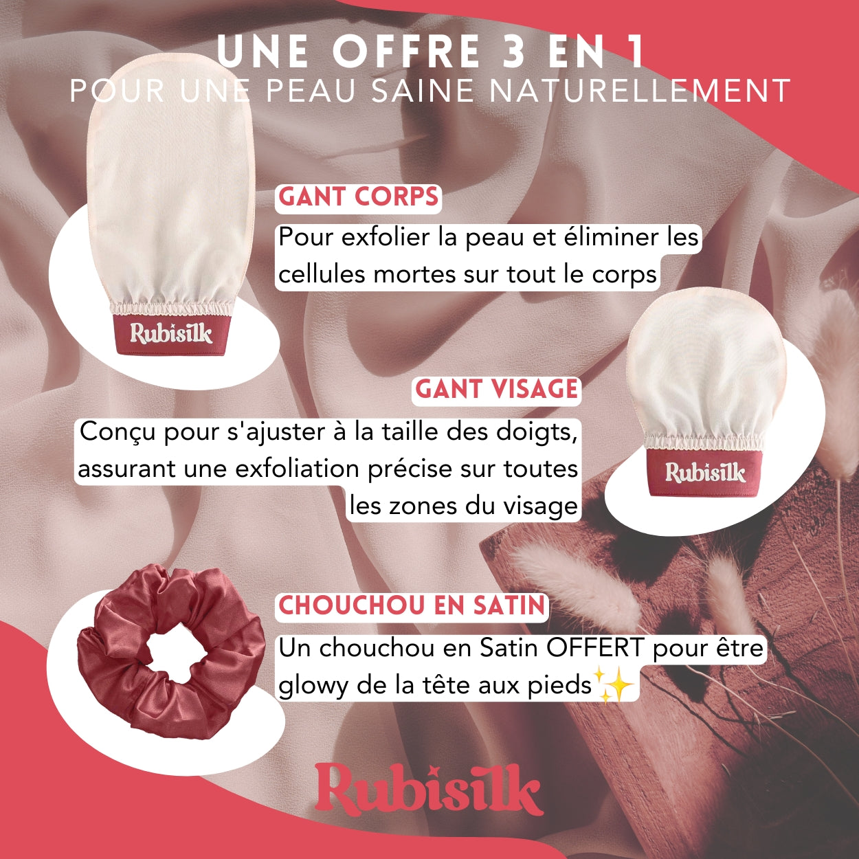 3 en 1 Gants Exfoliants en Soie pour Visage & Corps - Chouchou Satin - Gommage naturel sans douleur - Élimine peaux mortes, poils incarnés, impuretés - Active la circulation sanguine - Toutes peaux