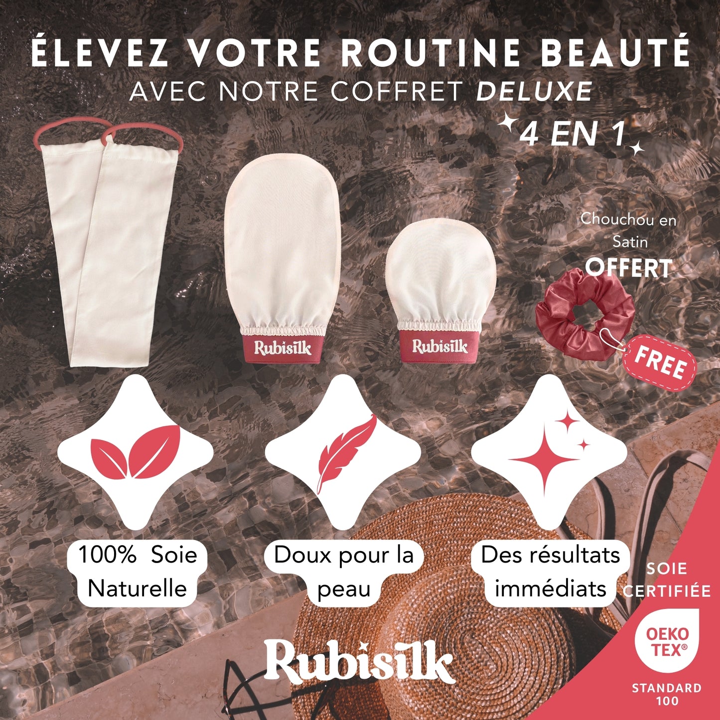 Coffret Deluxe 4 en 1 Gants Exfoliants en Soie pour Visage, Corps, Dos - Chouchou Satin - Sangle de Bain - Gommage naturel - Élimine peaux mortes, poils incarnés, acné - Active circulation sanguine