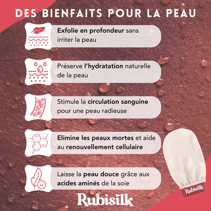 Gant Exfoliant 100% Soie de Mûrier pour le Corps - Gommage doux et naturel sans douleur - Élimine peaux mortes, poils incarnés, impuretés - Active la circulation sanguine - Toutes peaux