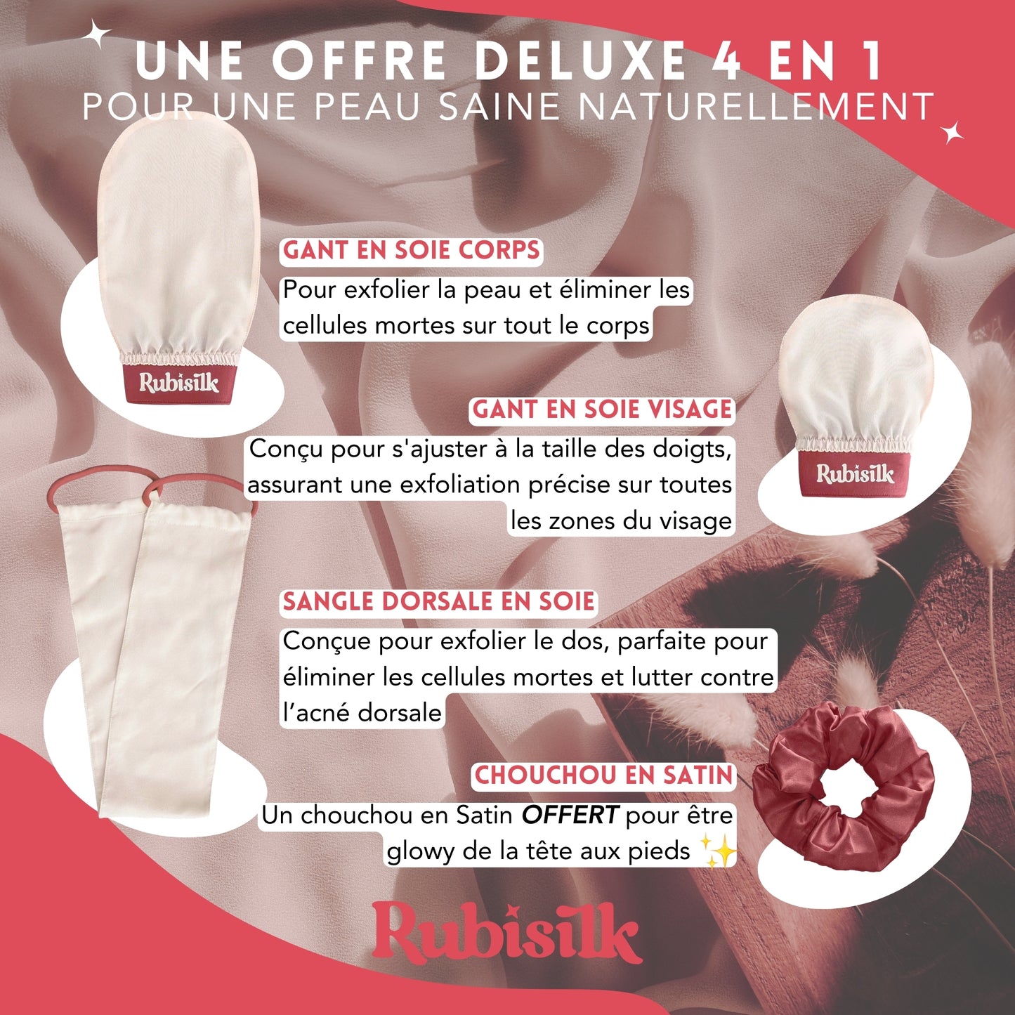 Coffret Deluxe 4 en 1 Gants Exfoliants en Soie pour Visage, Corps, Dos - Chouchou Satin - Sangle de Bain - Gommage naturel - Élimine peaux mortes, poils incarnés, acné - Active circulation sanguine