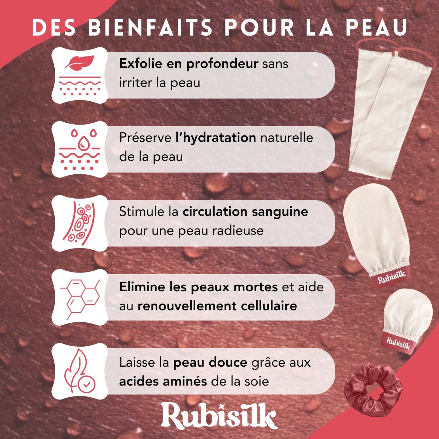 Coffret Deluxe 4 en 1 Gants Exfoliants en Soie pour Visage, Corps, Dos - Chouchou Satin - Sangle de Bain - Gommage naturel - Élimine peaux mortes, poils incarnés, acné - Active circulation sanguine